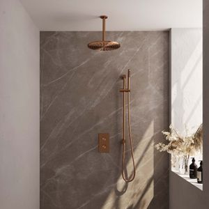 Regendoucheset Inbouw Brauer Copper Carving Thermostatisch 30cm met 3-Weg Omstelling, Plafondarm, Glijstang en Staaf Handdouche Geborsteld Koper