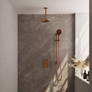 Regendoucheset inbouw brauer copper carving thermostatisch 20 cm met 3-weg omstelling, plafondarm, glijstang en handdouche 3-standen geborsteld koper