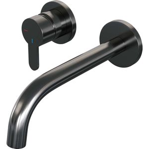 Inbouw wastafelmengkraan brauer gunmetal edition coldstart gebogen uitloop korte platte hendel links geborsteld gunmetal pvd met rozetten
