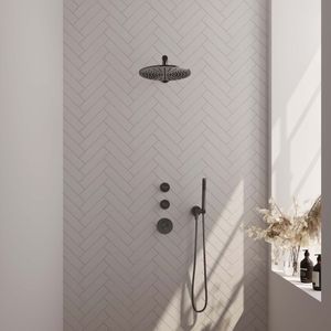 Brauer Gunmetal Carving Thermostatische Inbouw Doucheset - Hoofddouche 30cm - Rechte Wandarm - Staafhanddouche - Gunmetal Geborsteld PVD - Messing