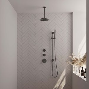 Brauer Gunmetal Carving Thermostatische Inbouw Doucheset - Hoofddouche 20cm - Plafondbuis - Staafhanddouche - Met Glijstang - Gunmetal Geborsteld PVD