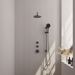 BRAUER Gunmetal Carving thermostatische inbouw regendouche SET 21 met 20 cm douchekop en gebogen muurarm en 3-standen handdouche en doucheslang en geïntegreerde glijstang gunmetal geborsteld PVD