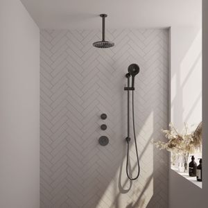 Regendoucheset inbouw brauer gunmetal carving thermostatisch 20 cm met plafondarm, glijstang en handdouche 3-standen losse stopkranen geborsteld