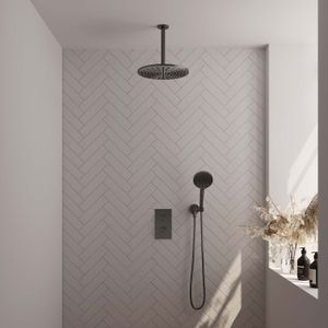 Regendoucheset inbouw brauer gunmetal carving thermostatisch 30 cm met 3-weg omstelling, plafondarm en 3-standen handdouche geborsteld gunmetal