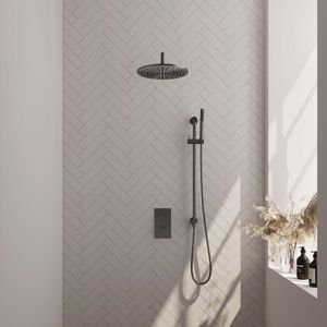 Brauer Gunmetal Carving complete inbouw regendouche set 40 met 30cm douchekop, gebogen muurarm, staafhanddouche en glijstang gunmetal geborsteld PVD