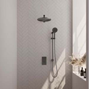 Regendoucheset inbouw brauer gunmetal carving thermostatisch 30 cm met 3-weg omstelling wandarm glijstang 3-standen handdouche geborsteld gunmetal