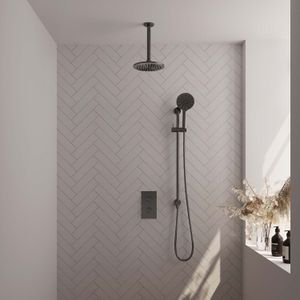 Regendoucheset inbouw brauer gunmetal carving thermostatisch 20 cm met 3-weg omstelling, plafondarm, glijstang en handdouche 3-standen geborsteld