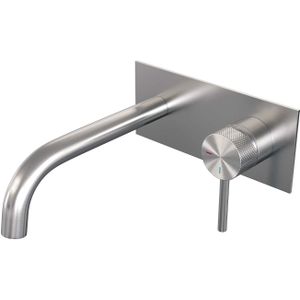 Inbouw Wastafelmengkraan Brauer Brushed Carving Coldstart Gebogen Uitloop Ronde Hendel Rechts Geborsteld RVS PVD Met Afdekplaat
