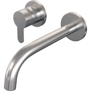 Inbouw wastafelmengkraan brauer brushed edition coldstart gebogen uitloop korte platte hendel links geborsteld rvs pvd met rozetten