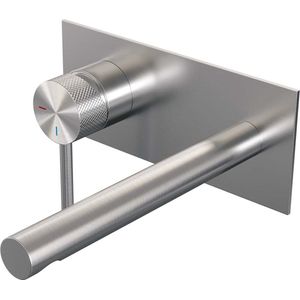 Inbouw wastafelmengkraan brauer brushed carving coldstart rechte uitloop ronde hendel links geborsteld rvs pvd met afdekplaat