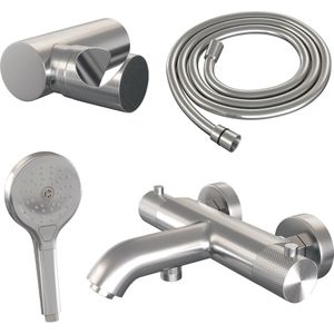 Opbouwset Bad- en Douchekraan Brauer Brushed Carving Thermostatisch Met Wandhouder En Handdouche 3 Standen Geborsteld RVS