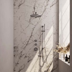 Regendoucheset inbouw brauer brushed carving thermostatisch 30 cm met wandarm, glijstang en handdouche staaf losse stopkranen geborsteld rvs