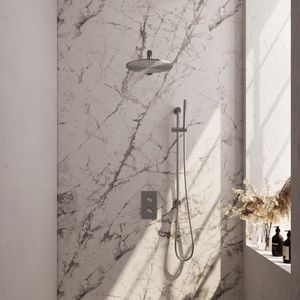 Regendoucheset Inbouw Brauer Brushed Carving Thermostatisch 30cm met 3-Weg Omstelling, Wandarm, Glijstang en Staaf Handdouche Geborsteld RVS