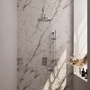 BRAUER Brushed Carving thermostatische inbouw regendouche 3-weg omstelling SET 40 met 30 cm douchekop en gebogen muurarm en staaf handdouche en doucheslang en geïntegreerde glijstang RVS geborsteld PVD