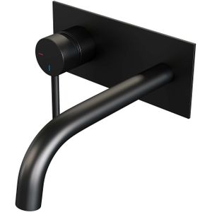 Inbouw Wastafelmengkraan Brauer Black Edition Coldstart Gebogen Uitloop Ronde Hendel Links Mat Zwart Met Afdekplaat
