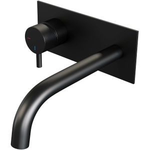 Inbouw Wastafelmengkraan Brauer Black Edition Coldstart Gebogen Uitloop Korte Ronde Hendel Links Mat Zwart Met Afdekplaat