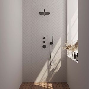 Regendoucheset inbouw brauer black carving thermostatisch 30 cm met wandarm en handdouche staaf losse stopkranen mat zwart