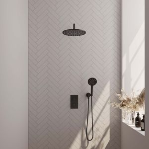 Regendoucheset inbouw brauer black carving thermostatisch 30 cm met 3-weg omstelling, gebogen wandarm en 3-standen handdouche mat zwart
