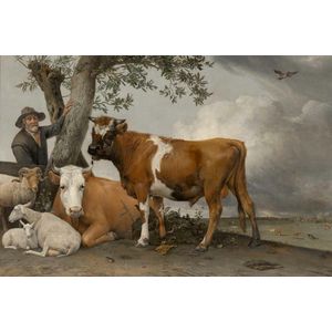 De Stier op Textiel in zwart Frame - WallCatcher | Liggend 120 x 80 cm | Paulus Potter | Ware Meester aan de muur!