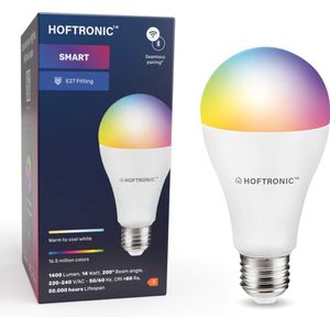 Hoftronic Smart - E27 smart lamp - LED - Besturing via app - WiFi - Bluetooth - Dimbaar - Slimme verlichting - A65 - 14 Watt - 1400 lumen - 230V - 2700-6000K - RGBWW - 16.5 miljoen kleuren - Grote fitting - Compatibel met alle smart assistenten