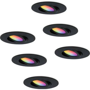 6x Hoftronic Smart - Napels smart inbouwspot - LED - Zaagmaat 85mm - Zwart - Besturing via app - WiFi - Bluetooth - Dimbaar - Kantelbaar - Waterdicht - 8 Watt - 600 lumen - 230V - 2700-6000K - RGBWW - Plafondspots - Inbouwspot voor badkamer en buiten