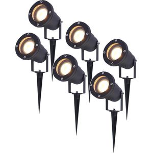 6x HOFTRONIC Sydney - Tuinspot voor buiten - LED - Zwart - 3000K Warm wit - Waterdicht - 5 Watt - 400 Lumen - 230V - Verwisselbare GU10 lamp - Prikspot met grondspies - Richtbaar - Aluminium - Voor het uitlichten van planten/struiken en bomen