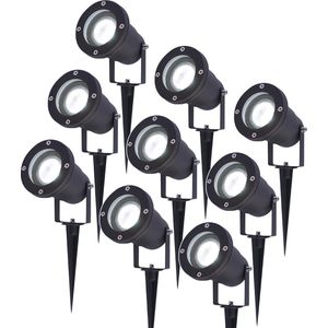 9x HOFTRONIC Sydney - Tuinspot voor buiten - LED - Zwart - 6000K Daglicht wit - Waterdicht - 5 Watt - 400 Lumen - 230V - Verwisselbare GU10 lamp - Prikspot met grondspies - Richtbaar - Aluminium - Voor het uitlichten van planten/struiken en bomen