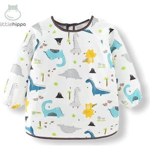 Kinderschort 'Dino' lange mouwen - Slab met mouwen - Slabbetje Little Hippo - Waterafstotend - Knutselen - Kliederschort - 12-36 Maanden
