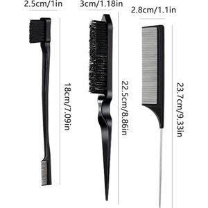 GEAR3000® edges brush - babyhaar - puntkam - wenkbrauwborstel - toupeerborstel - toupeerkam - 3-delig - zwart