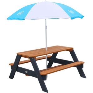 AXI Nick Picknicktafel Antraciet/bruin - Parasol Blauw/wit