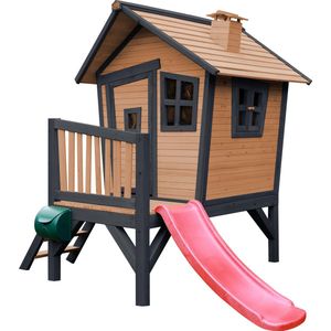 AXI Robin Speelhuis in Bruin/Antraciet - Met Verdieping en Rode Glijbaan - Speelhuisje voor de tuin / buiten - FSC hout - Speeltoestel voor kinderen
