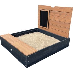 AXI Mandy zandbak met opbergruimte en deksel Antraciet/bruin - Speelwand met krijtbord en haakjes - Inclusief gronddoek