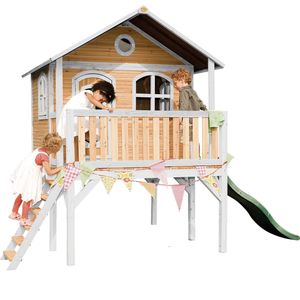 AXI Sophie Speelhuis Bruin/wit - Groene Glijbaan – Classic speelhuisje met verdieping en ladder – FSC hout - Speeltoestel voor kinderen