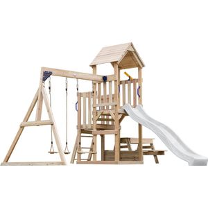 AXI Mette Speeltoestel met Dubbele Schommel Bruin – Witte Glijbaan – Zandbak en Picknicktafel – Telescoop - FSC hout - Speelhuis op palen voor de tuin
