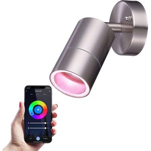 Lago kantelbare wandlamp - Smart - IP44 - Incl. RGBWW GU10 spotje - WiFi & Bluetooth - Spotlight voor binnen en buiten - Geschikt als wandspot en plafondspot - RVS