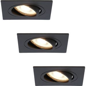 Set van 3 stuks dimbare LED inbouwspot Mallorca zwart vierkant - Kantelbaar - 5 Watt - IP20 - 2700K Warm wit - GU10 armatuur - spotjes plafond