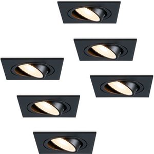 Set van 6 stuks dimbare LED inbouwspot Mallorca zwart vierkant - Kantelbaar - 5 Watt - IP20 - 2700K Warm wit - GU10 armatuur - spotjes plafond