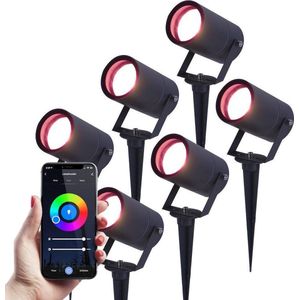 HOFTRONIC SMART - 6er Set Smart Spikey Gartenstrahler mit erdspieß - WiFi & Bluetooth - Steuerbar über App - RGBWW - IP65 wasserdicht - Anthrazit - LED Gartenbeleuchtung