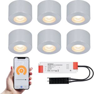 6x Navarra RVS Smart LED Opbouwspots complete set - Wifi & Bluetooth - 12V - 3 Watt - 2700K warm wit  - Veranda verlichting - Voor binnen en buiten