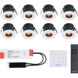 8x Olivia - Mini 12V LED inbouwspot wit met trafo en muurdimmer - Verzonken - 3 Watt - Dimbaar - IP44 waterdicht voor buiten - 2700K Warm wit - Lage inbouwdiepte 36mm - Voor veranda, badkamer, carport en binnenruimtes