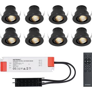 Set van 8 12V 3W - Mini LED Inbouwspot - Zwart - Dimbaar - Kantelbaar & verzonken - Verandaverlichting - IP44 voor buiten - 2700K - Warm wit