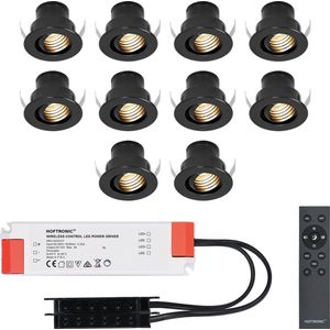 Set van 10 12V 3W - Mini LED Inbouwspot - Zwart - Dimbaar - Kantelbaar & verzonken - Verandaverlichting - IP44 voor buiten - 2700K - Warm wit