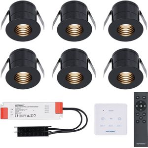 6x Betty zwarte LED Inbouwspots complete set met muurdimmer - 12V - 3 Watt - Veranda verlichting - voor buiten - 2700K warm wit