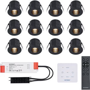 12x Betty zwarte LED Inbouwspots complete set met muurdimmer - 12V - 3 Watt - Veranda verlichting - voor buiten - 2700K warm wit