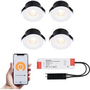 HOFTRONIC - 4x Cadiz 12 Volt LED Inbouwspots Wit - 3W Smart WiFi + Bluetooth - Extra plat 26mm - 2700k Warm Wit - IP44 Waterdicht voor Veranda, Badkamer en Keuken