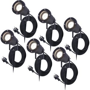 6x HOFTRONIC Sydney - GU10 Tuinspot voor buiten - 1.5 Meter kabel met eurostekker - 5 Watt 450 lumen - Aluminium Prikspot met grondspies - IP65 waterdicht - 4000K Neutraal wit - Ook te gebruiken als wandspot - Gazon spotlight - Schijnwerper