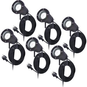 6x HOFTRONIC Sydney - GU10 Tuinspot voor buiten - 1.5 Meter kabel met eurostekker - 5 Watt 450 lumen - Aluminium Prikspot met grondspies - IP65 waterdicht - 6000K daglicht wit - Ook te gebruiken als wandspot - Gazon spotlight - Schijnwerper