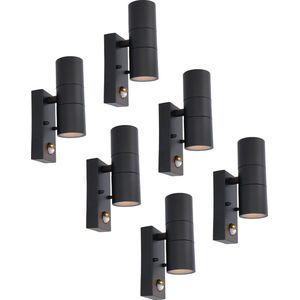 6x Blenda wandlamp - 2700K warm wit - Bewegingsmelder en schemerschakelaar - Zwart - IP44 spatwaterdicht - Up & Downlight voor buiten