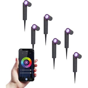 6x Pinero smart LED prikspots - RGBWW - WiFi & Bluetooth - GU10 fitting - Kantelbaar - Dimbaar via app - Tuinspot - Pinspot - Slimme verlichting - Google assistant & Amazon Alexa - IP65 voor buiten - Zwart