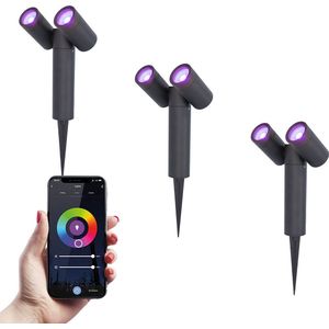 HOFTRONIC - 3x Pinero double smart dimmbarer LED-Erdspießstrahler - RGBWW - WiFi & Bluetooth - GU10 - 5.5 Watt - Google assiant & Amazon Alexa - Schwenkbar - Gartenstrahler - für den Außen- und Innenbereich - schwarz - 3 Jahre Garantie